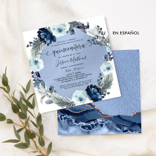 Spanish Chic Blue Flowers Agate Foil Quinceañera Invitation