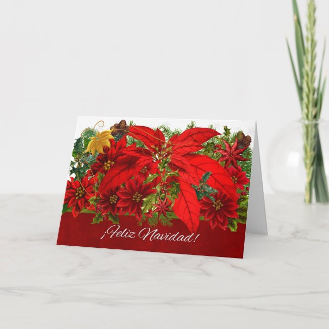 Spanish Christmas Poinsettias ¡Feliz Navidad! Holiday Card (Front)