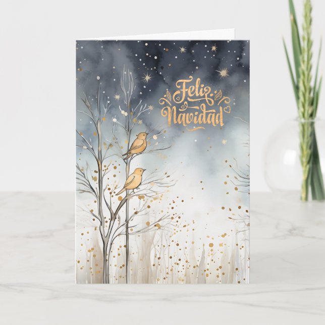 Spanish Christmas Winter Forest Wild Birds Navy Holiday Card (Front)
