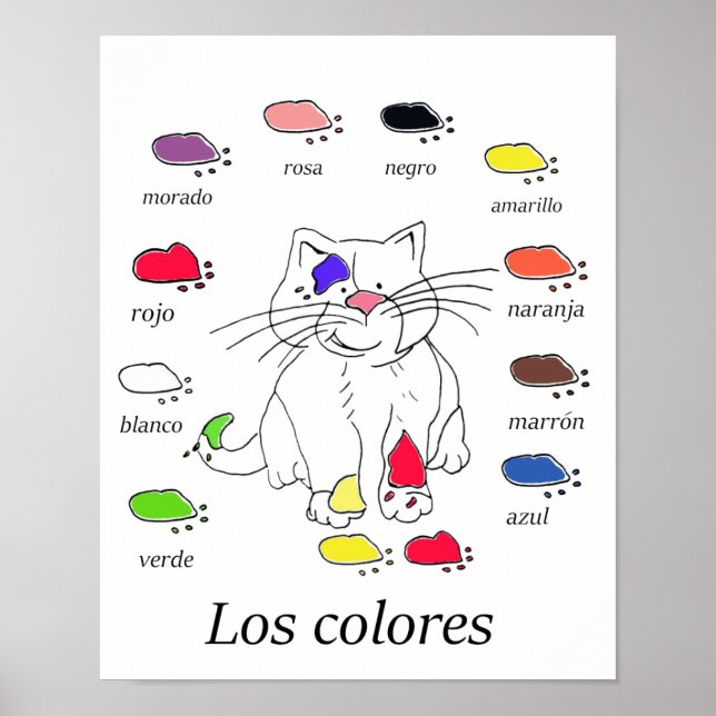 Spanish color teaching poster with cat & paints (Front)
