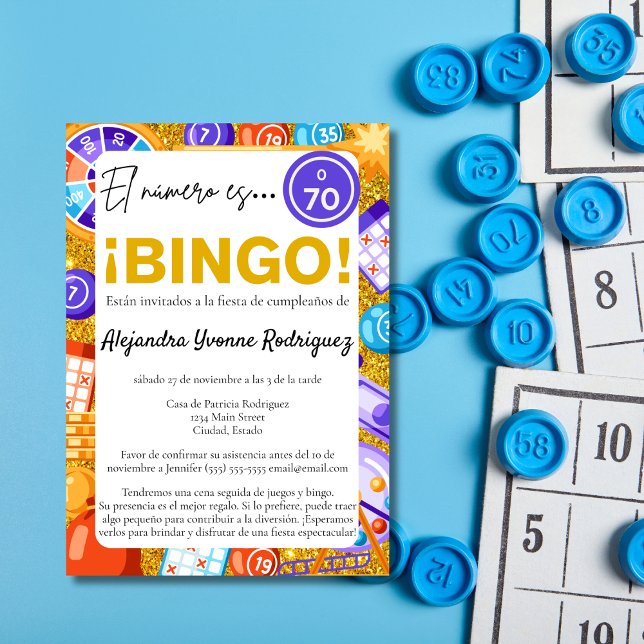 Spanish Colorful Bingo & Games Fun 70th Birthday Invitation (Creator Uploaded)