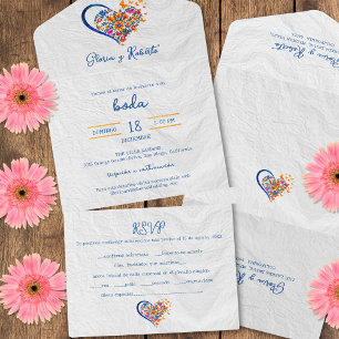 Spanish, Colorful Floral Heart Mexican Wedding All In One Invitation