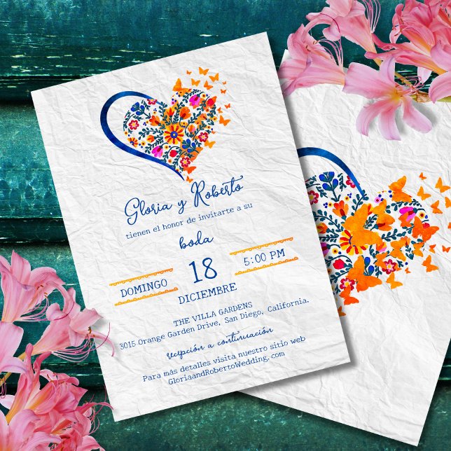 Spanish, Colorful Floral Heart Mexican Wedding Invitation (Creator Uploaded)