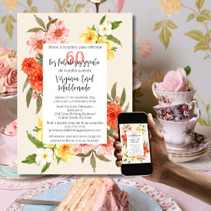 Spanish Colorful Florals White Frame 60th Birthday Invitation