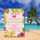 Spanish Colorful Pink Aloha Elegant 80th Birthday Invitation<br><div class="desc">¡Celebra 80 años extraordinarios con una invitación temática de luau hawaiano para su fiesta de cumpleaños número 80 en español! Este elegante diseño destaca un hermoso marco floral adornado con plumerias, hibiscos y aves del paraíso sobre un fondo rosa suave. La invitación combina de manera sofisticada caligrafía en cursiva con...</div>
