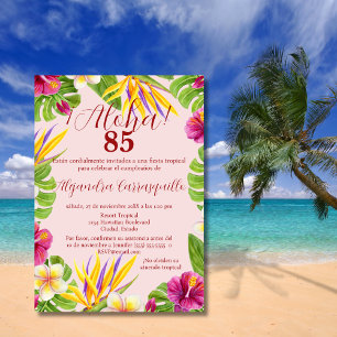 Spanish Colorful Pink Aloha Hawaiian 85th Birthday Invitation