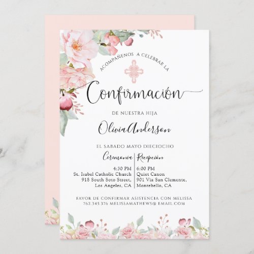 Spanish Confirmation Peach and Mint Floral Invitation