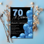 Spanish Cool Blue Balloons Black 70th Birthday Invitation<br><div class="desc">Celebra el 70º cumpleaños con nuestra elegante invitación en español, que presenta globos azules sobre un sofisticado fondo negro. El diseño resalta un marco de globos azules vibrantes y un número 70 en forma de globo en la parte superior. Justo debajo, la frase "¡A Celebrar!" está escrita en blanco con...</div>