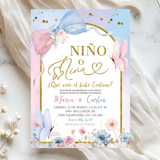 Spanish Coquette Blush Nino o Nina Gender Reveal Invitation (Creator Uploaded)