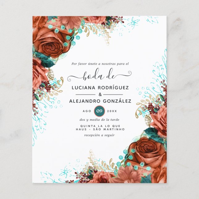 Spanish Coral and Teal Floral Wedding Flyer (Front)