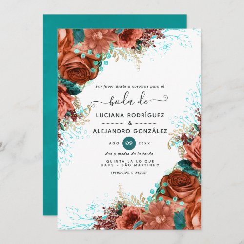Spanish Coral and Teal Floral Wedding Invitation
