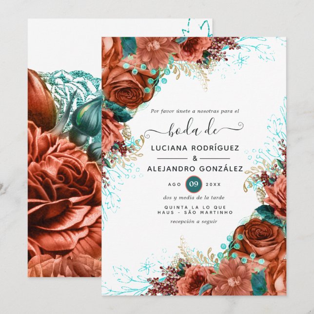Spanish Coral and Teal Floral Wedding Invitation (Front/Back)