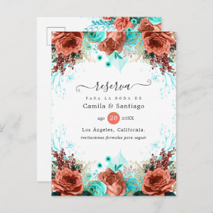 Spanish Coral and Turquoise Floral Wedding Announcement Postcard