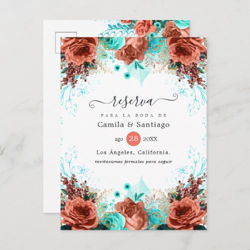 Spanish Coral and Turquoise Floral Wedding Announcement Postcard