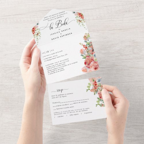 Spanish Coral Peach Cream Wedding Tear Off RSVP All In One Invitation