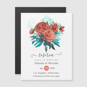 Spanish Coral & Teal Floral Wedding Save the Date Magnetic Invitation