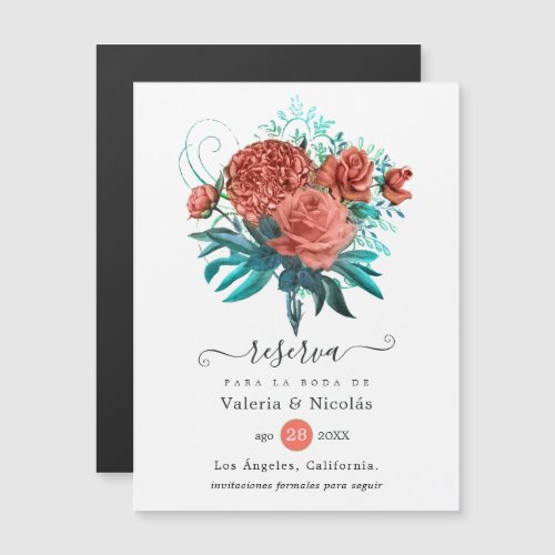 Spanish Coral  Teal Floral Wedding Save the Date Magnetic Invitation
