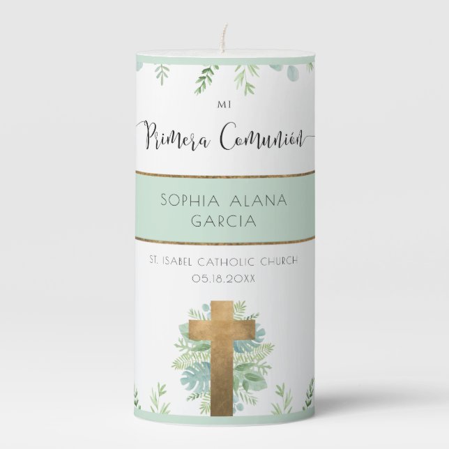 Spanish, Custom Boy/Girl Greenery First Communion Pillar Candle (Front)