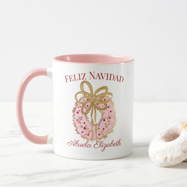 Spanish Custom Merry Christmas Abuela Pink Wreath Mug (With Donut)