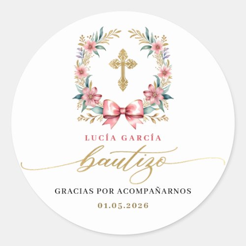 Spanish De Bautizo Gracias Gold  Pink Classic Round Sticker