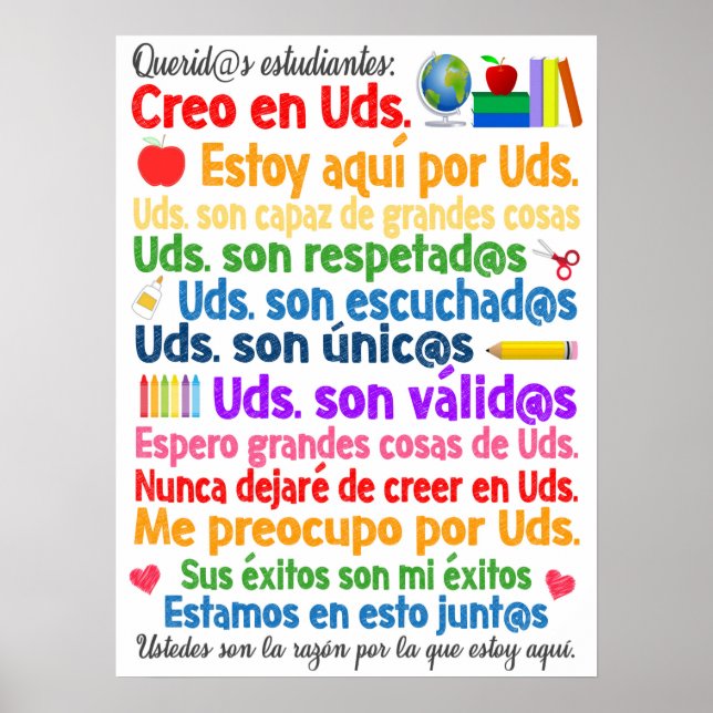Spanish Dear Students Classroom Poster (Front)