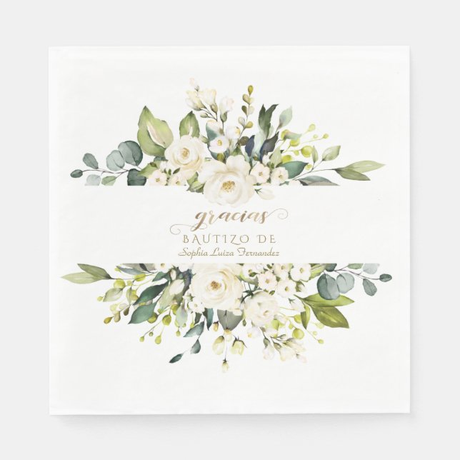 Spanish Delicate Ivory White Flowers Girl Bautizo Napkins (Front)