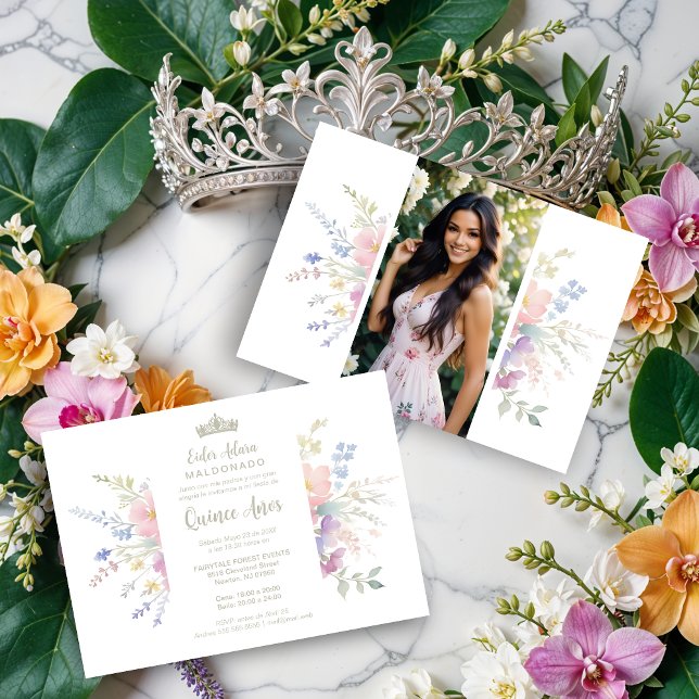 Spanish Delicate Spring Quinceañera Soft Floral Invitation (Spanish Delicate Spring Quinceañera Soft Watercolors Effect & Floral Accents Invitations Cards.)
