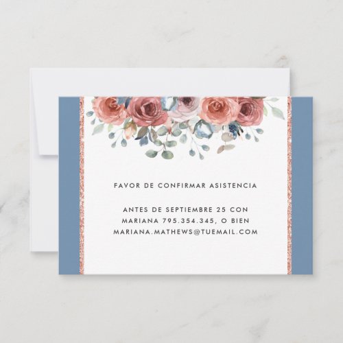 Spanish Dusty Blue and Blush Floral RSVP Card