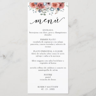 Spanish, Dusty Blue Blissful Floral Wedding Menu