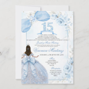 Spanish Dusty Blue Floral 15 Años Silver Crown Invitation
