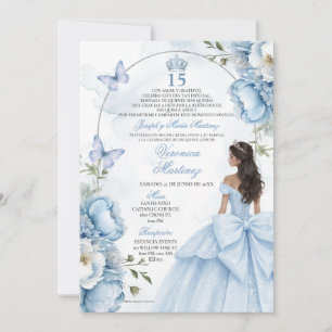 Spanish Dusty Blue Floral Princess Silver 15 Años Invitation