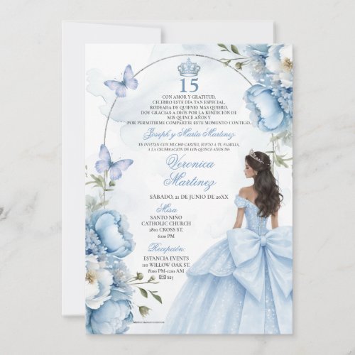 Spanish Dusty Blue Floral Princess Silver 15 Años  Invitation