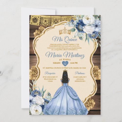 Spanish Dusty Blue Floral Wood Quiceanera  Invitation