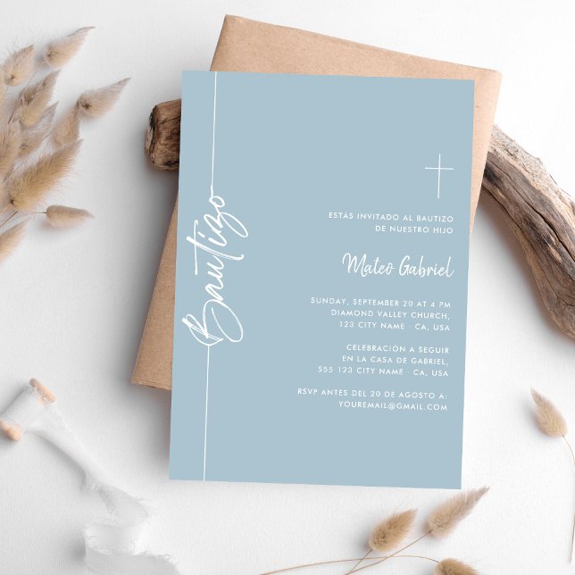 Spanish Dusty Blue invitaciones de bautizo Nino Invitation (Creator Uploaded)