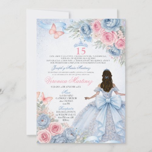 Spanish Dusty Blue & Pink Princess Floral 15 Años Invitation