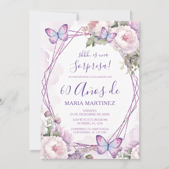 Spanish Dusty Purple Floral Sorpresa 60th Birthday Invitation (Front)