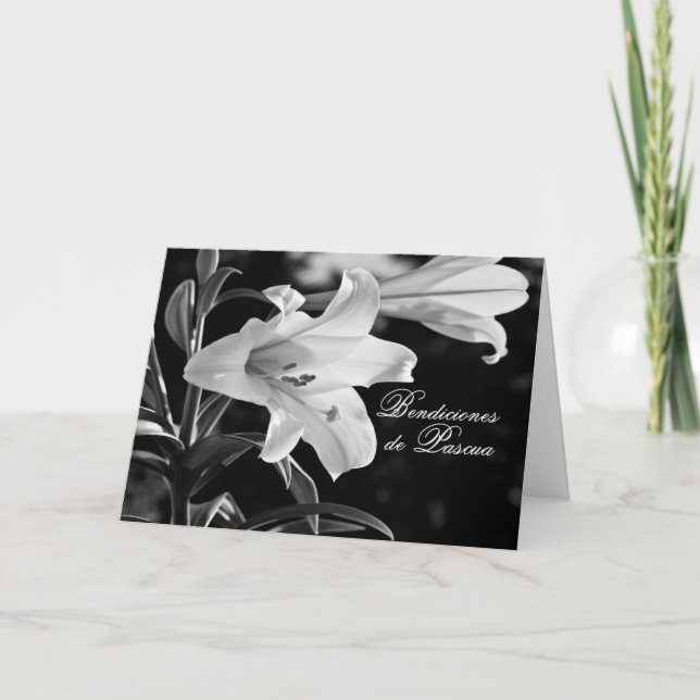 Spanish Easter Blessings Pascua BW with Lilies Card (Front)