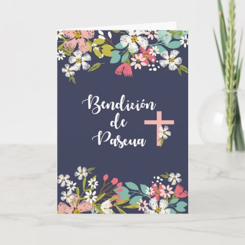 Spanish Easter Blessings with Flowers on Navy Card
