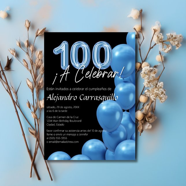 Spanish Elegant Blue Balloons Black 100th Birthday Invitation (Creator Uploaded)