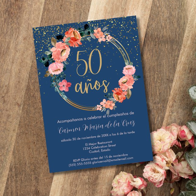 Spanish Elegant Blue Floral 50th Birthday Party Invitation (Creator Uploaded)