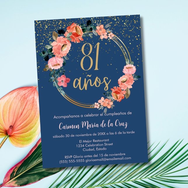 Spanish Elegant Blue Pink Floral 81st Birthday  Invitation (Creator Uploaded)