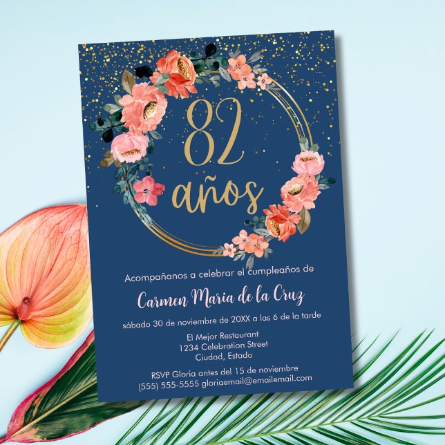Spanish Elegant Blue Pink Floral 82nd Birthday  Invitation (Creator Uploaded)