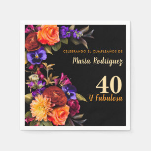 Spanish Elegant Bright Florals Black 40th Birthday Napkins
