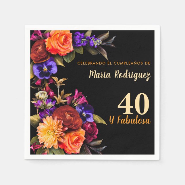 Spanish Elegant Bright Florals Black 40th Birthday Napkins (Front)