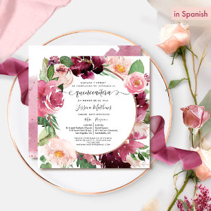 Spanish Elegant Burgundy Pink Blush Quinceanera Invitation
