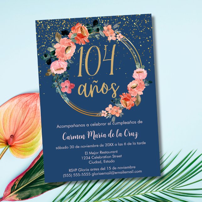 Spanish Elegant Chic Blue Pink 104th Birthday Invitation (Creator Uploaded)