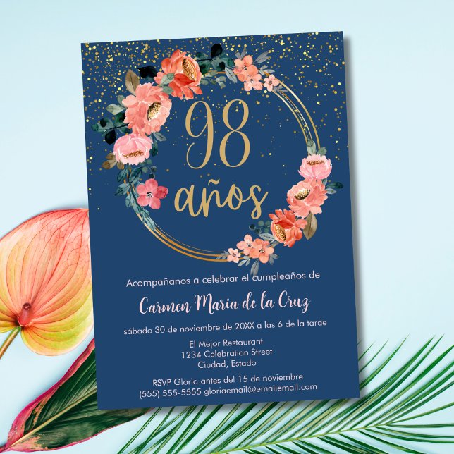 Spanish Elegant Chic Blue Pink 98th Birthday Invitation (Creator Uploaded)