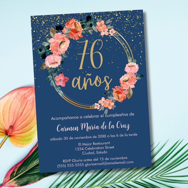 Spanish Elegant Chic Floral 76th Birthday Party Invitation (Creator Uploaded)