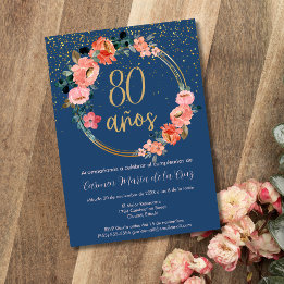 Spanish Elegant Chic Floral 80th Birthday Party Invitation