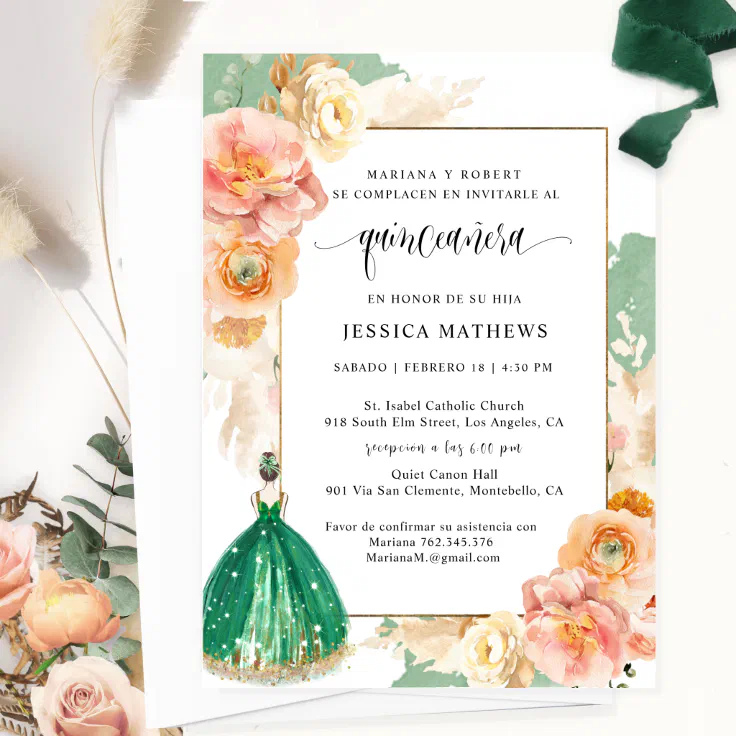 Spanish, Elegant Dark Green Floral Quinceañera Invitation | Zazzle